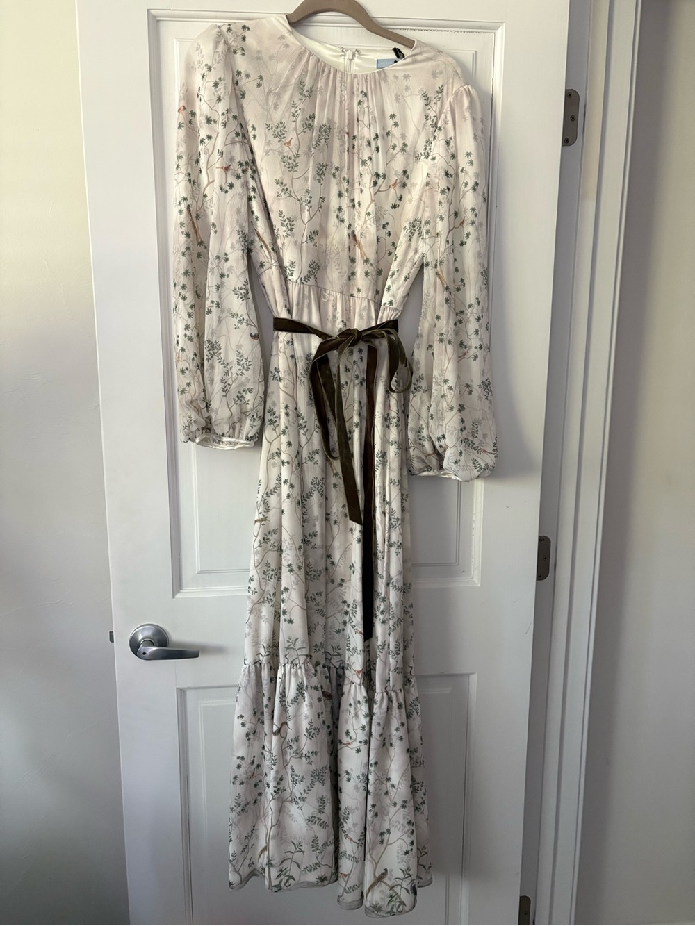 Nicola Bathie Floral Long Sleeve Cream Maxi Dress with Velvet Sash